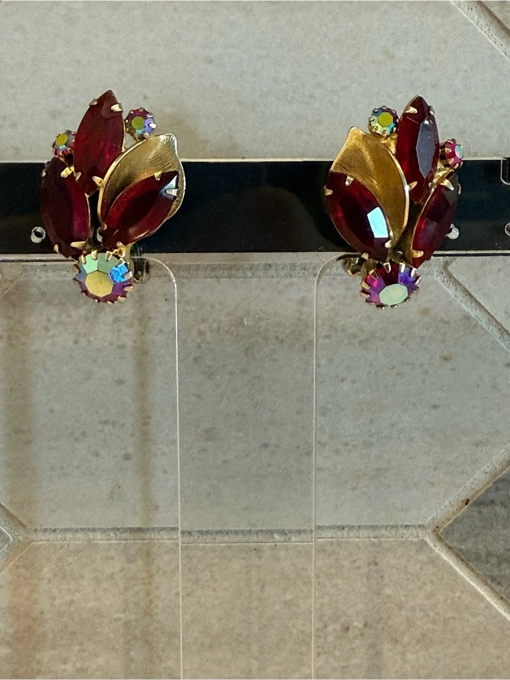 Weiss Red Rhinestone & AB Glass Clip-On Earrings Excellent